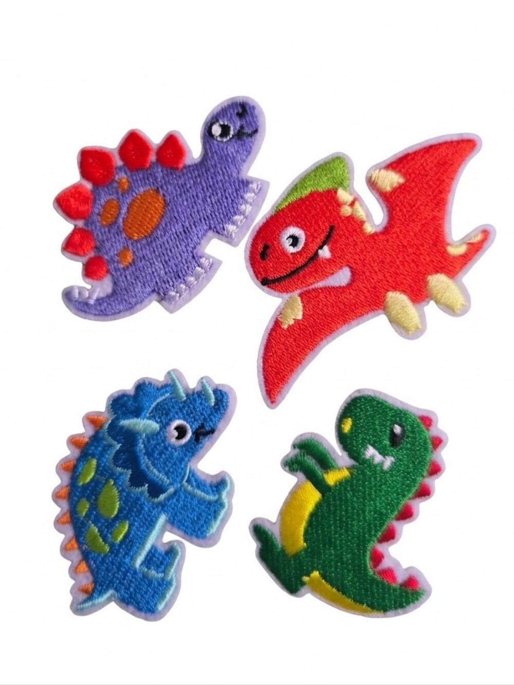 4 Piece Set Of Colorful Dino Iron-On Patches -‎ Red, Purple, Blue, Green